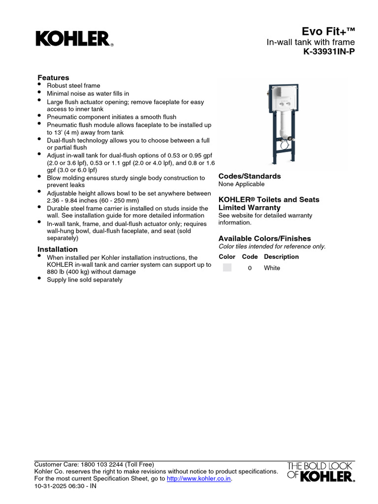 Kohler Evo Fit+™ In-Wall Tank System | PDF