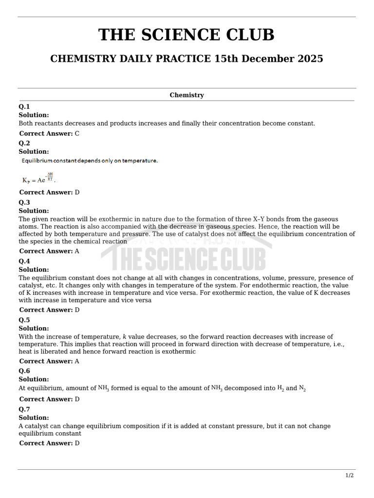 Chemistry Daily Practice Solution 15th December 2025 | PDF | Chemical Equilibrium | Chemical ...