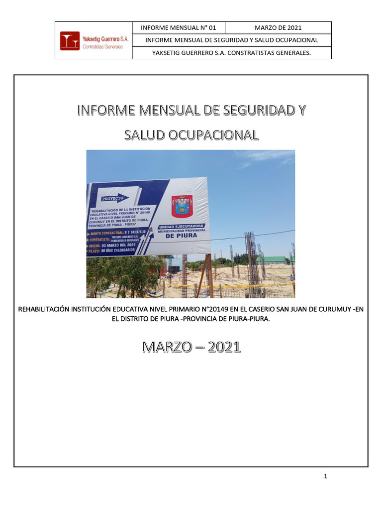 Informe Mensual de Seguridad y Salud Ocupacional-Marzo Yaksetig PDF ...