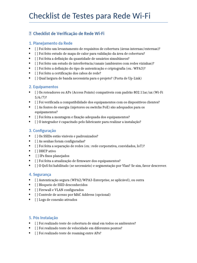 Checklist Completo para Testes de Wi-Fi | PDF | Wi-Fi | Rede de ...