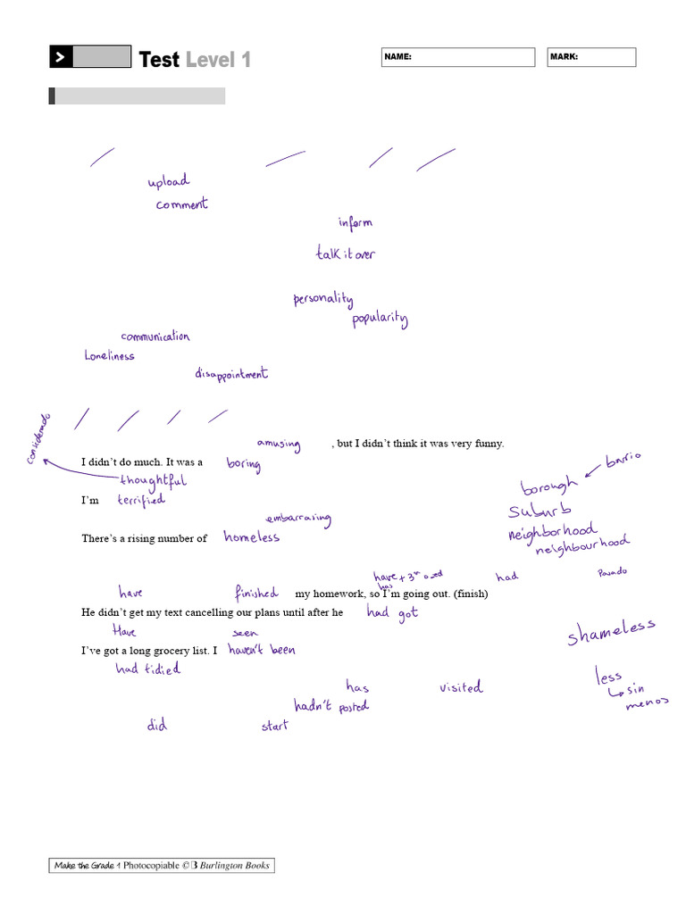 Test Level 1 Vocabulary and Grammar Exercises | PDF | Linguistic ...