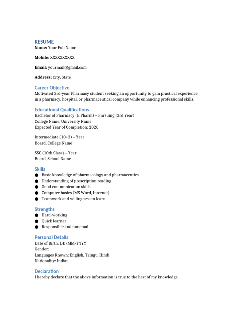 Pharmacy Student Resume Template | PDF