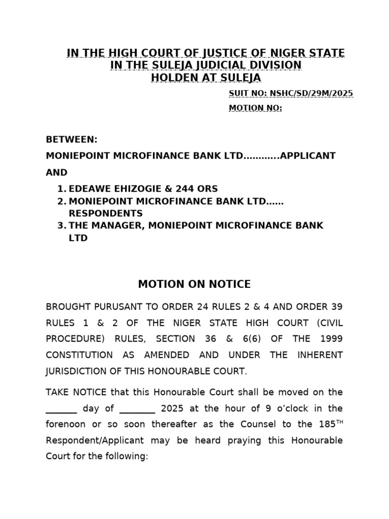 Motion To Amend High Coiurt Moniepoint | PDF | Affidavit | Separation ...