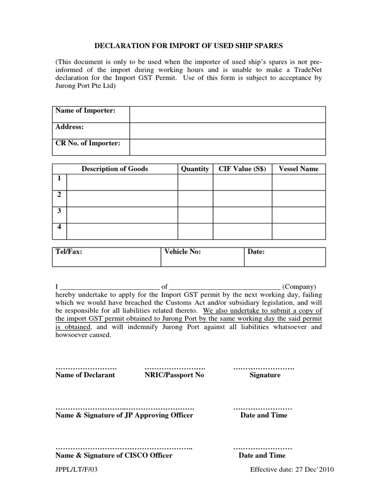 Import Declaration for Used Ship Spares | PDF