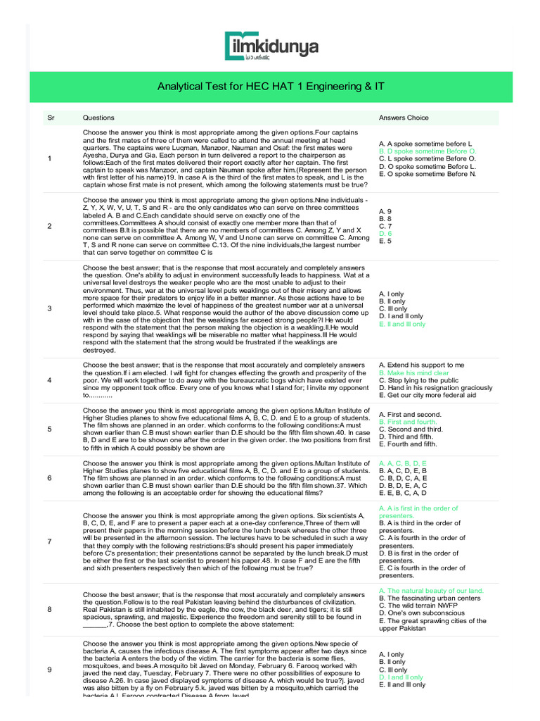 Analytical Test for HEC HAT 1 Exam | PDF | Multiple Choice