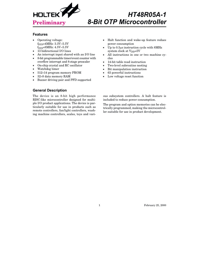 8-Bit OTP Microcontroller HT48R05A-1 | PDF | Computer Science ...