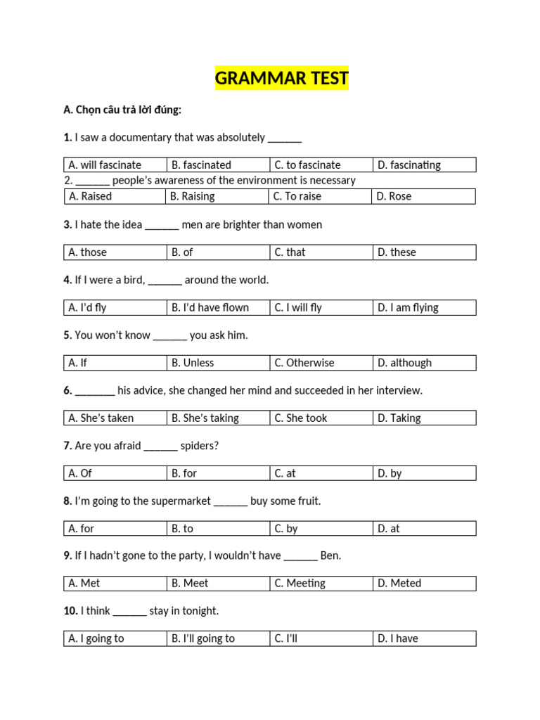 Grammar Test with Answers and Exercises | PDF