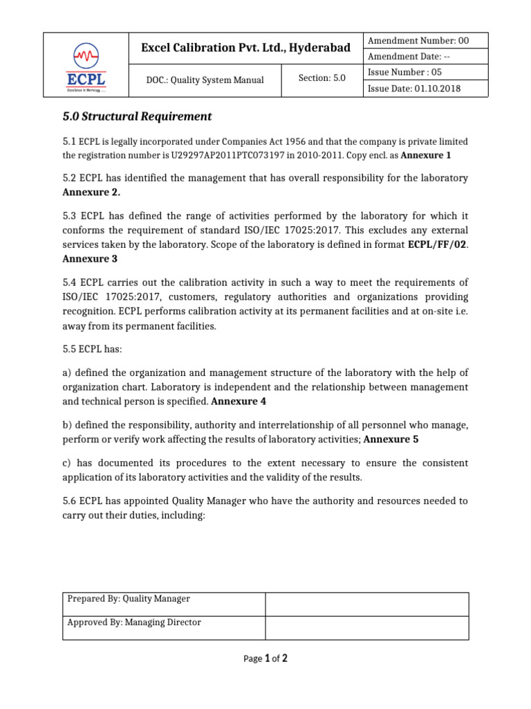 Quality System Manual for ECPL Calibration | PDF | Calibration ...