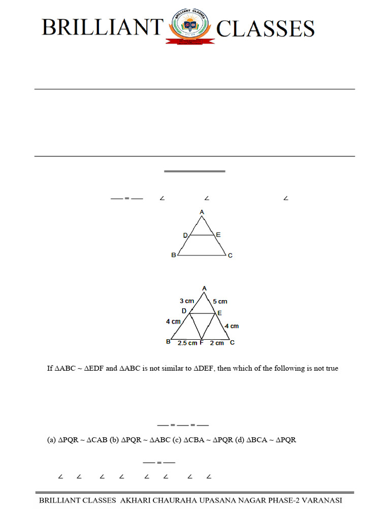 Class X Mathematics Practice Paper: Triangles | PDF | Euclidean ...