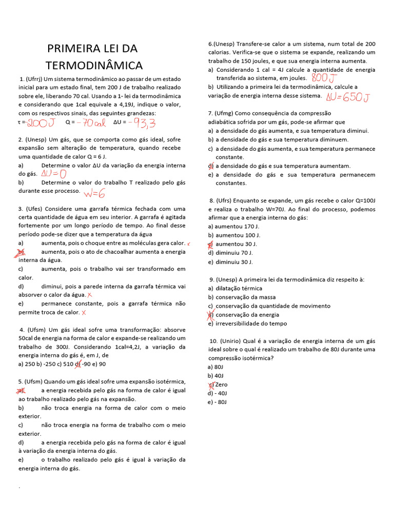 Exercícios sobre a Primeira Lei da Termodinâmica | PDF | Termodinâmica ...