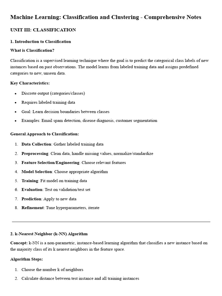 Machine Learning - Classification and Clustering Notes | PDF | Support ...