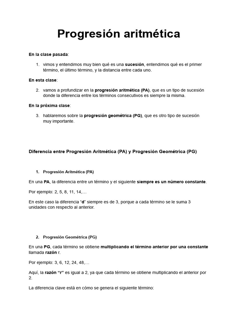 Progresión Aritmética: Conceptos y Ejercicios | PDF | Secuencia ...