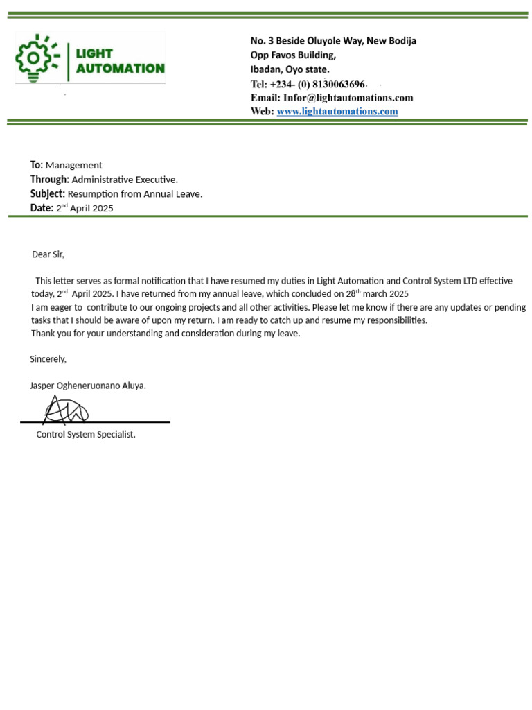 Resumption From Annual Leave. | PDF