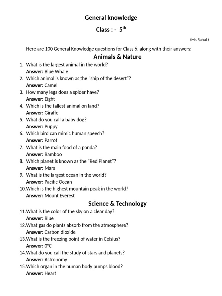 100 General Knowledge Questions for Kids | PDF | Mars | Oceans