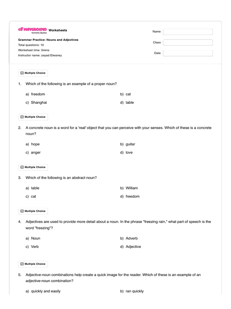 Nouns and Adjectives Practice Worksheet | PDF | Noun | Adverb