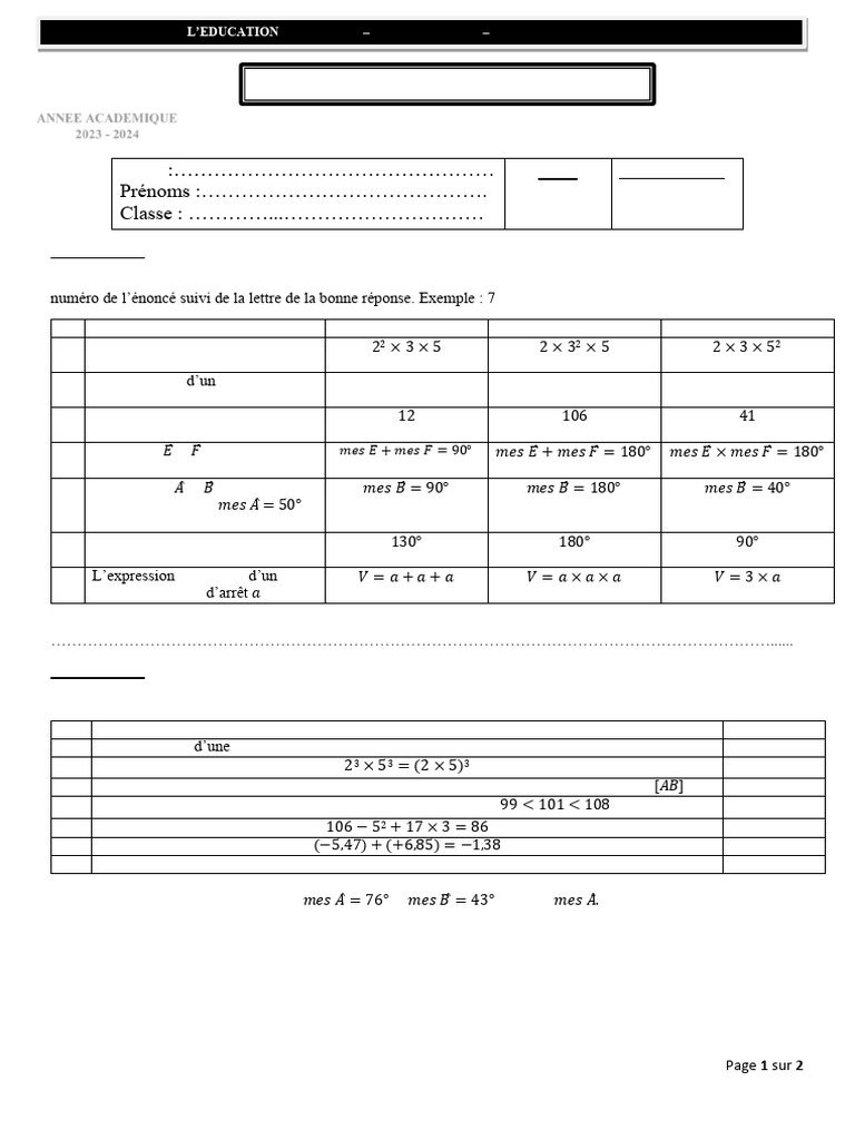 Devoir de Maths 5ème : QCM et Exercices | PDF | Triangle | Choix multiple