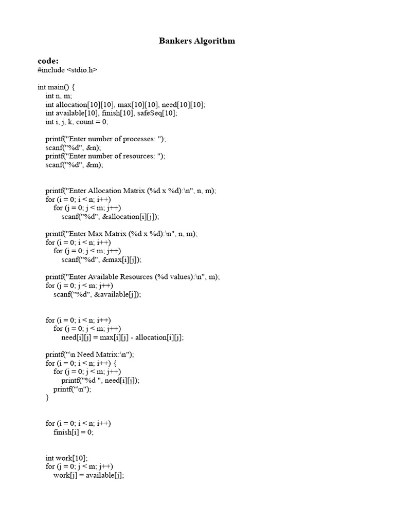 Bankers Algorithm Implementation in C | PDF