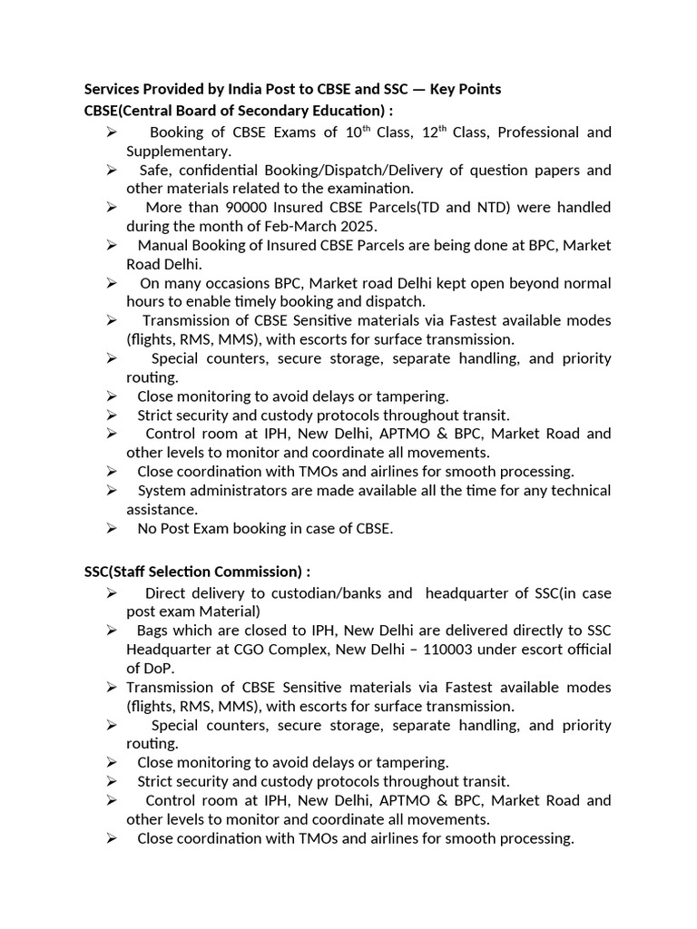India Post (SSC and CBSE) - Key Points | PDF