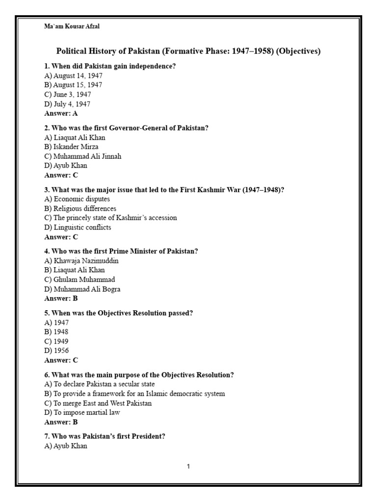 Political History of Pakistan 1947-1958 | PDF | Pakistan | Government ...