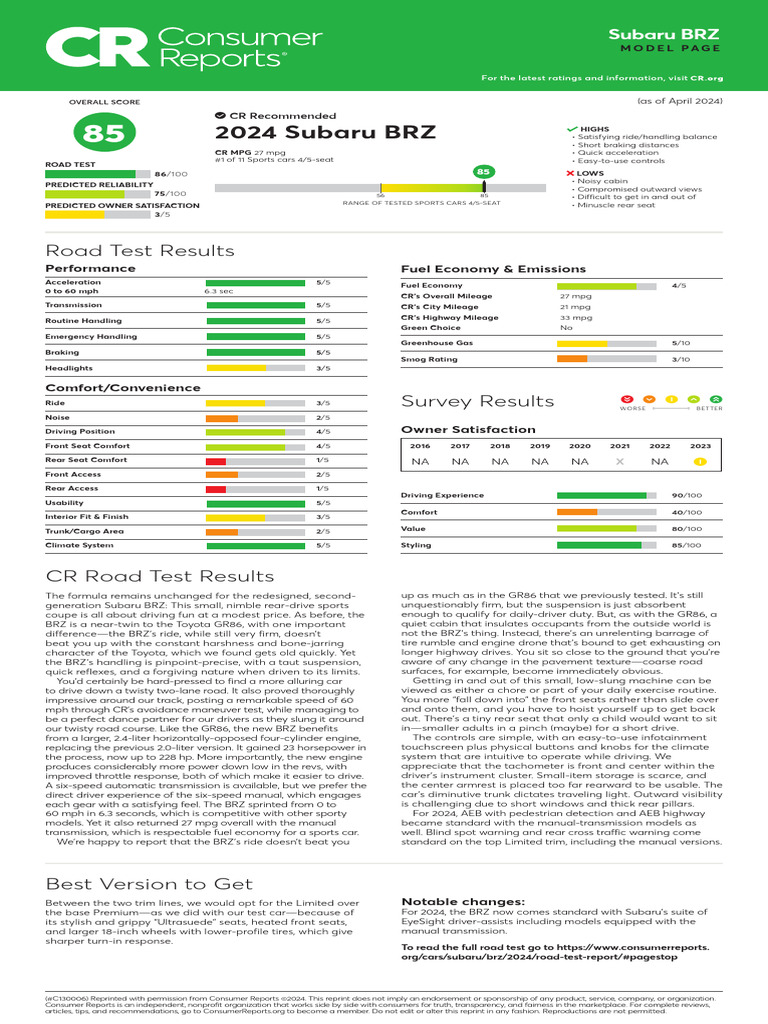 2024 BRZ Consumer Reports | PDF | Fuel Economy In Automobiles | Rear ...