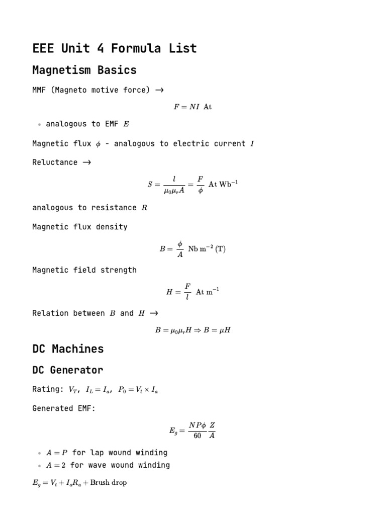 Eee Unit4 Formula List | PDF | Electric Motor | Power (Physics)