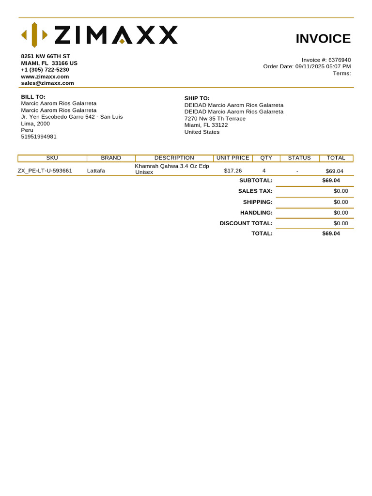 Invoice for Lattafa Khamrah Purchase | PDF
