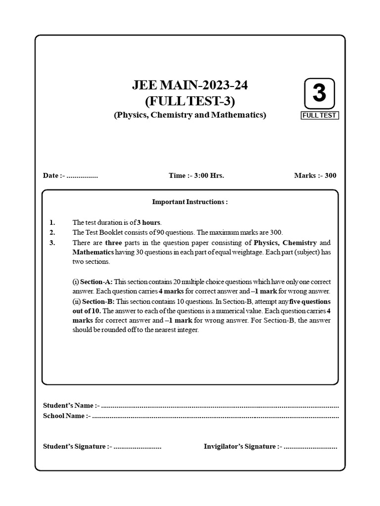 JEE Main 2023-24 Full Test 3 Guide | PDF | Fructose | Acetic Acid