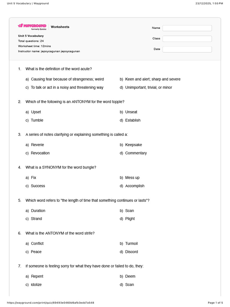 Unit 5 Vocabulary Worksheet Answers | PDF | Lexicography ...
