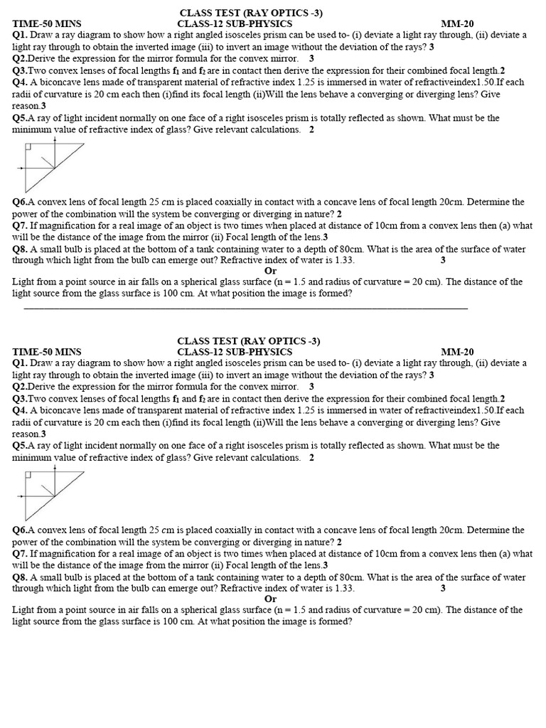 Class 12 Ray Optics Test Questions | PDF | Optics | Light