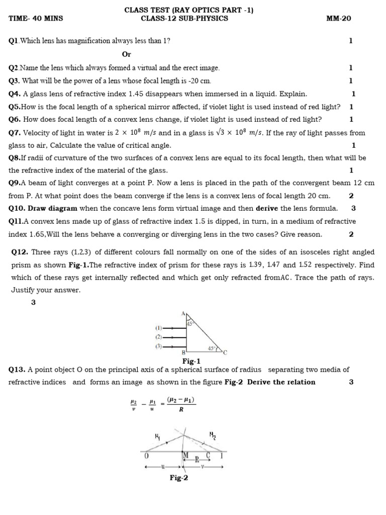 Class 12 Ray Optics Test Questions | PDF | Waves | Optics