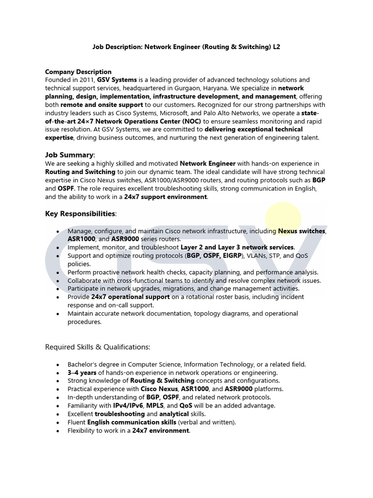 Network Engineer Job at GSV Systems | PDF | Computer Network | Cisco ...