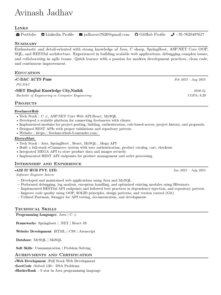 Avinash Jadhav: Full Stack Developer Profile | PDF | Web Development ...