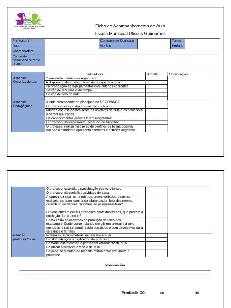 Ficha de Acompanhamento de Aula Escolar | PDF | Lição | Aprendizado