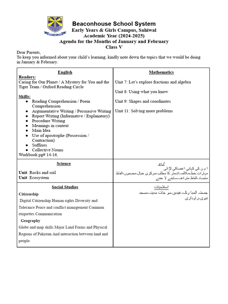 Class V Agenda: Jan-Feb 2024-2025 | PDF