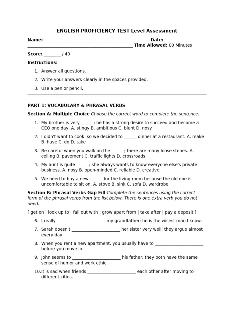 English Proficiency Test Assessment | PDF | Room | Bathroom