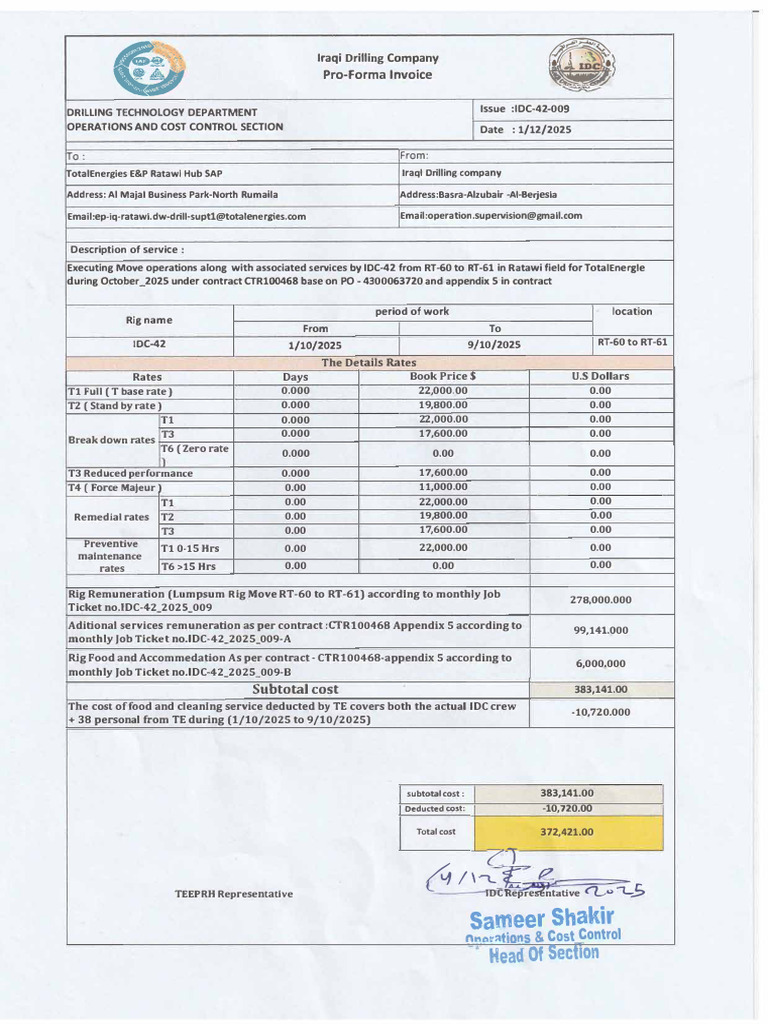 Proforma Invoice Rig IDC-42 Activities - 1 Oct To 9 Oct - Part1 ...