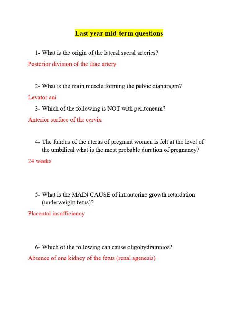 Mid-Term Exam Questions on Pregnancy and Anatomy | PDF