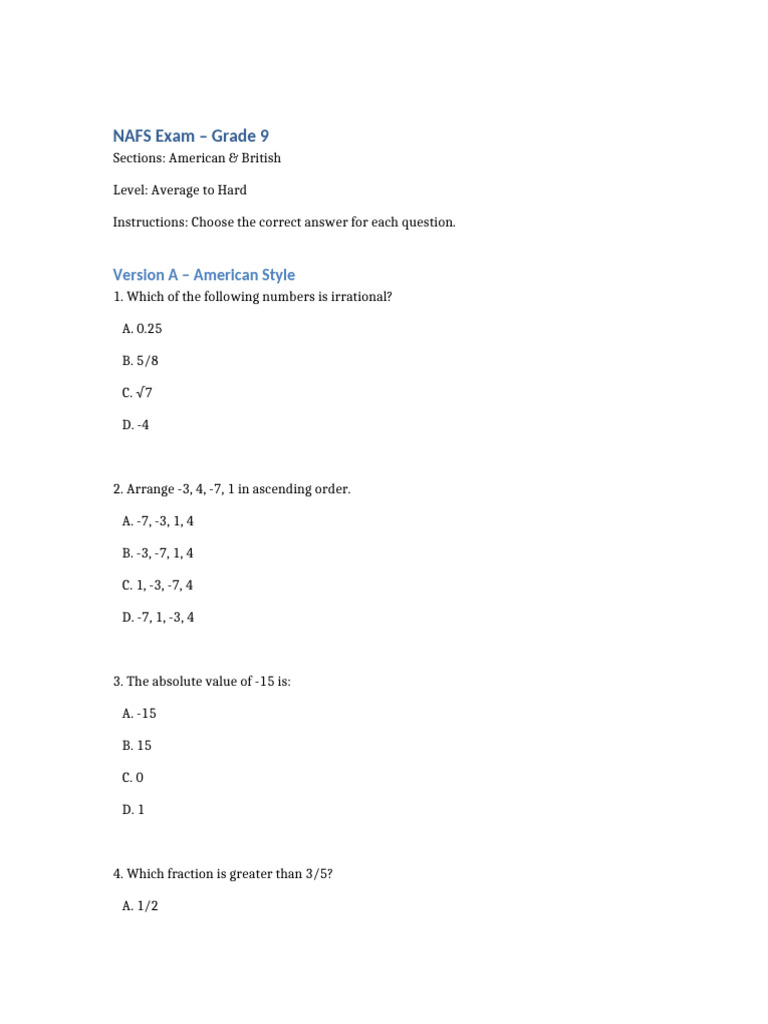 Grade 9 NAFS Exam: Math Questions | PDF | Numbers | Rational Number