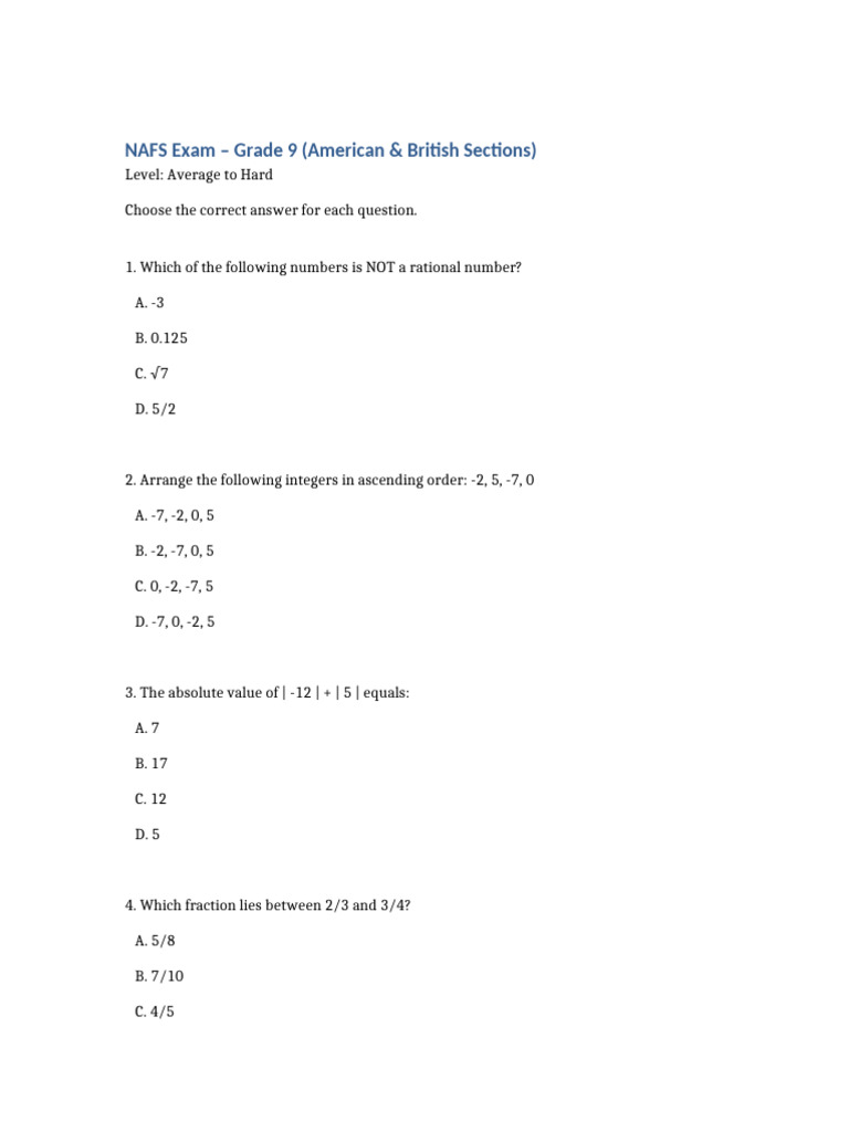 Grade 9 NAFS Exam Questions & Answers | PDF | Mathematical Objects ...