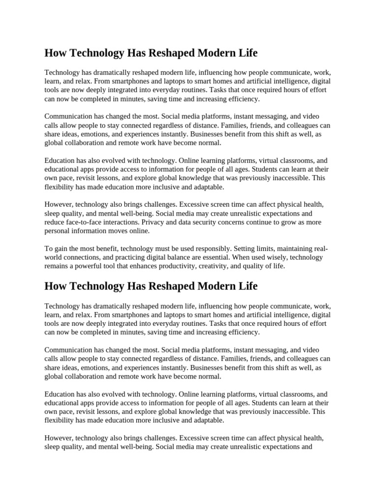 How Technology Has Reshaped Modern Life | PDF | Educational Technology ...
