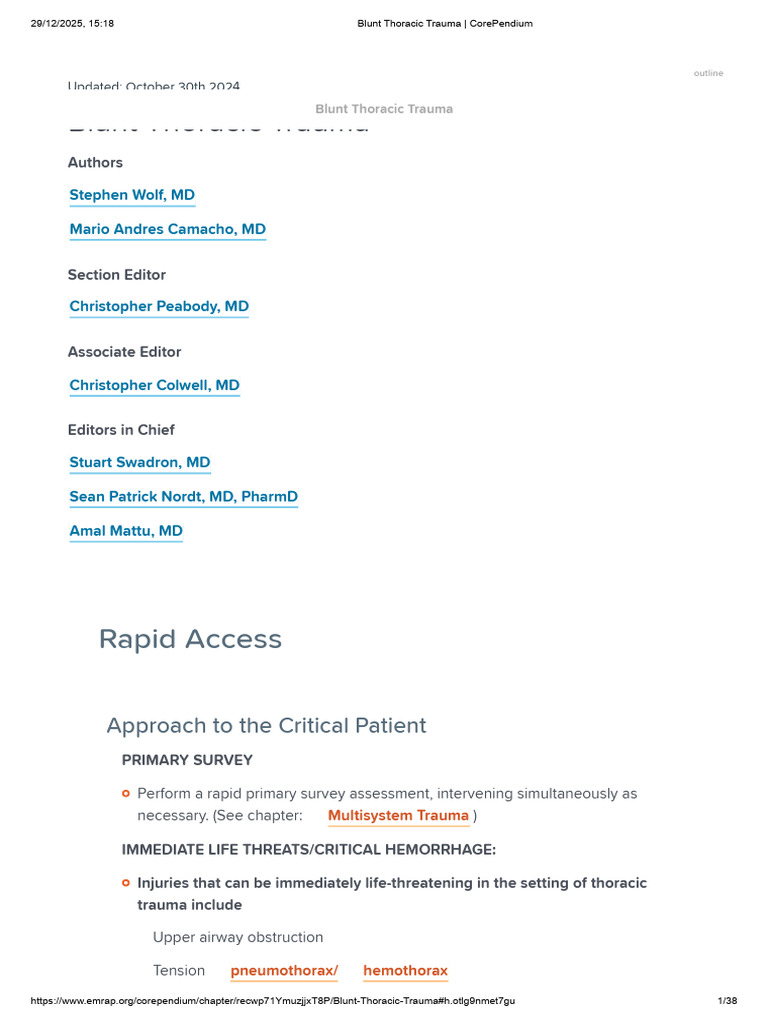 Blunt Thoracic Trauma Management Guide | PDF | Thorax | Major Trauma