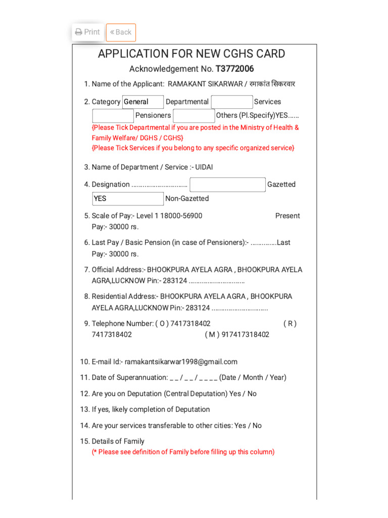 Application For New CGHS Card | PDF