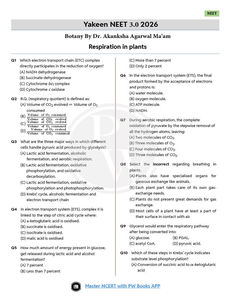 NEET 2026: Key Concepts in Respiration | PDF | Cellular Respiration ...
