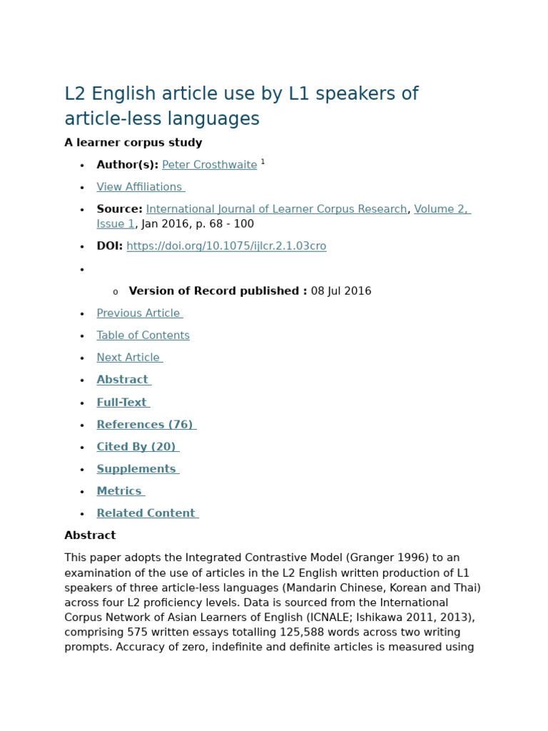Article Use in L2 English by L1 Speakers | PDF