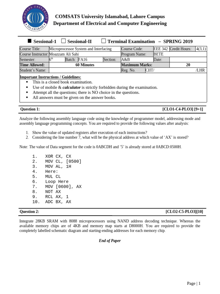 Microprocessor Exam Paper Spring 2019 | PDF
