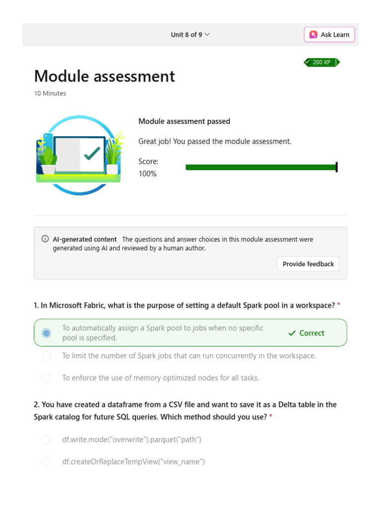 Microsoft Fabric Spark Module Assessment | PDF | Apache Spark ...