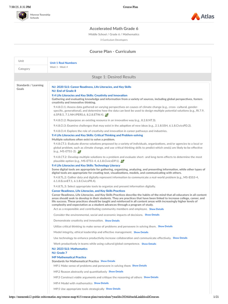 Grade 6 Accelerated Math Curriculum | PDF | Numbers | Equations