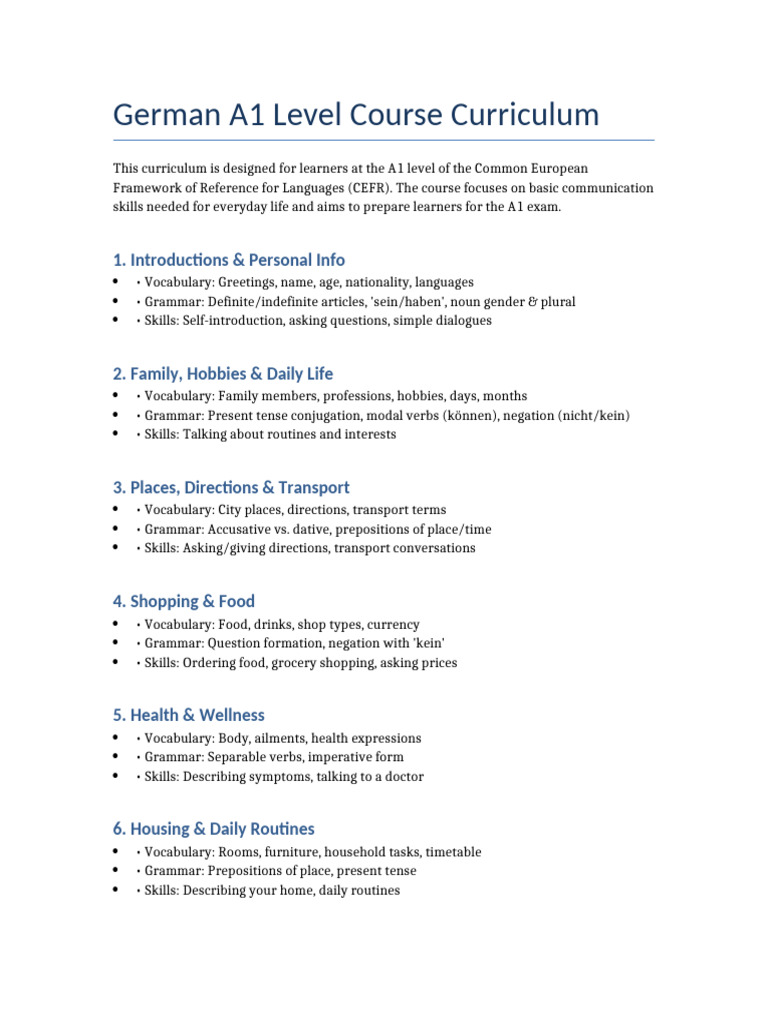 German A1 Course Curriculum Overview | PDF