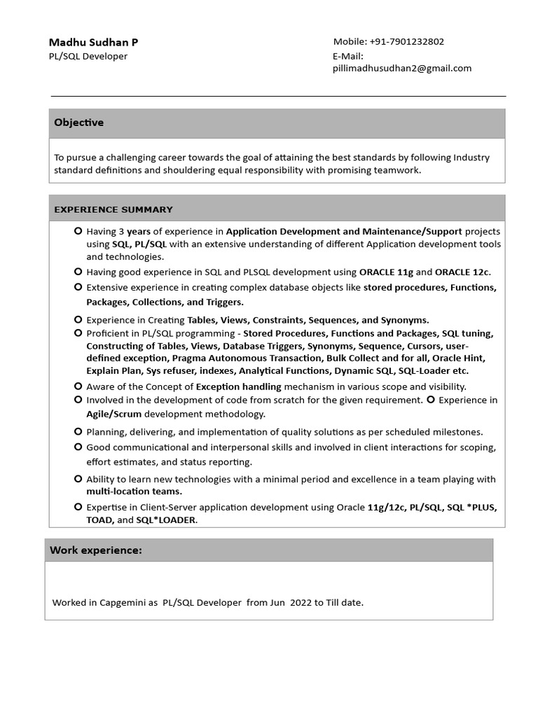 PL/SQL Developer with 3 Years Experience | PDF | Pl/Sql | Computing