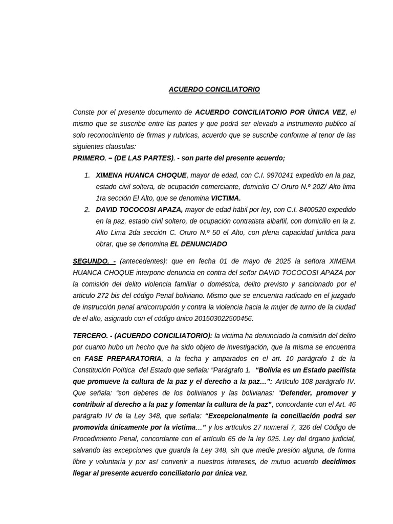 Acuerdo Conciliatorio en Caso de Violencia | PDF | Justicia | Crimen y ...